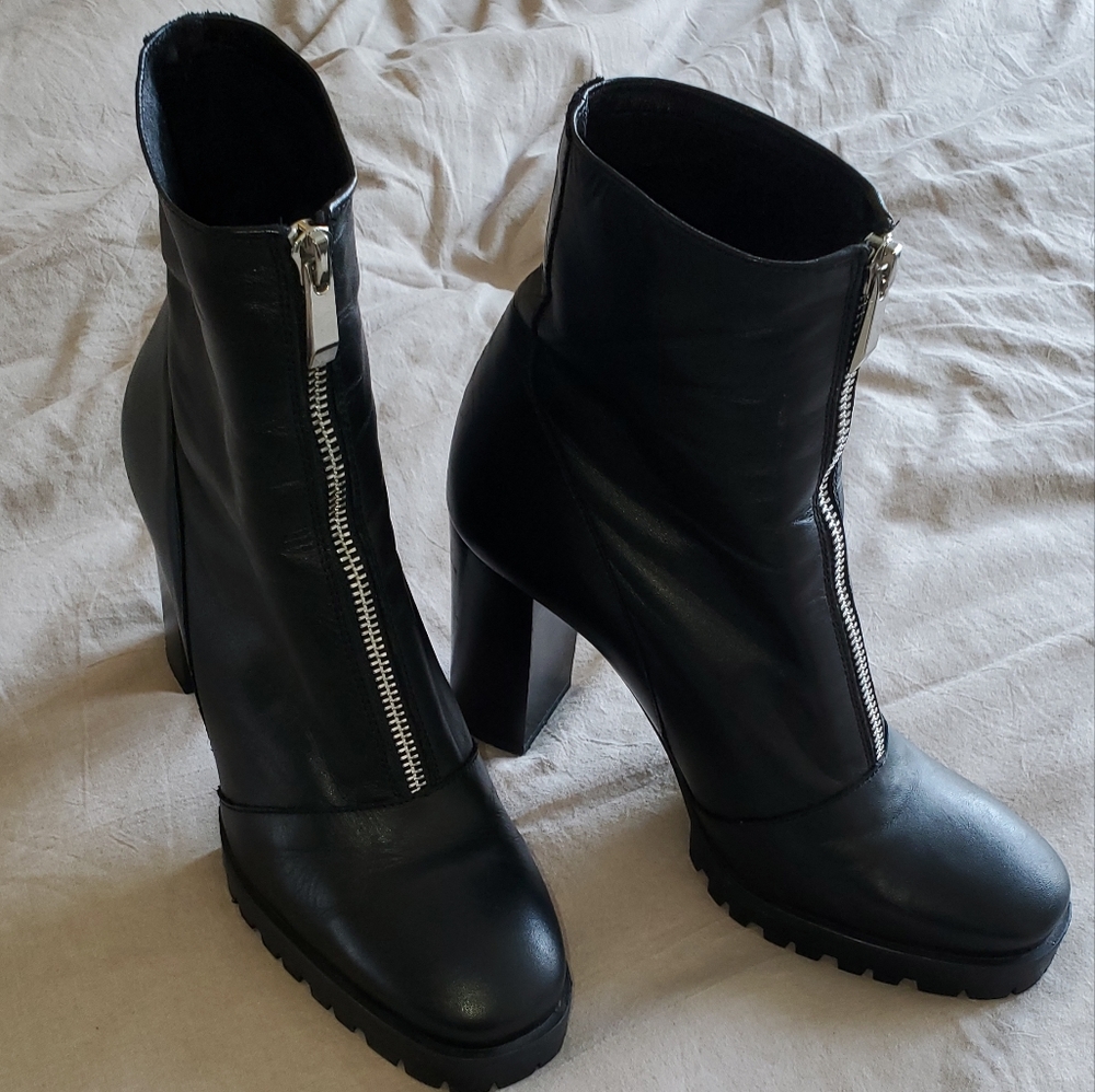 ZARA Black Leather Zip Lug Sock Boot 8.5 39